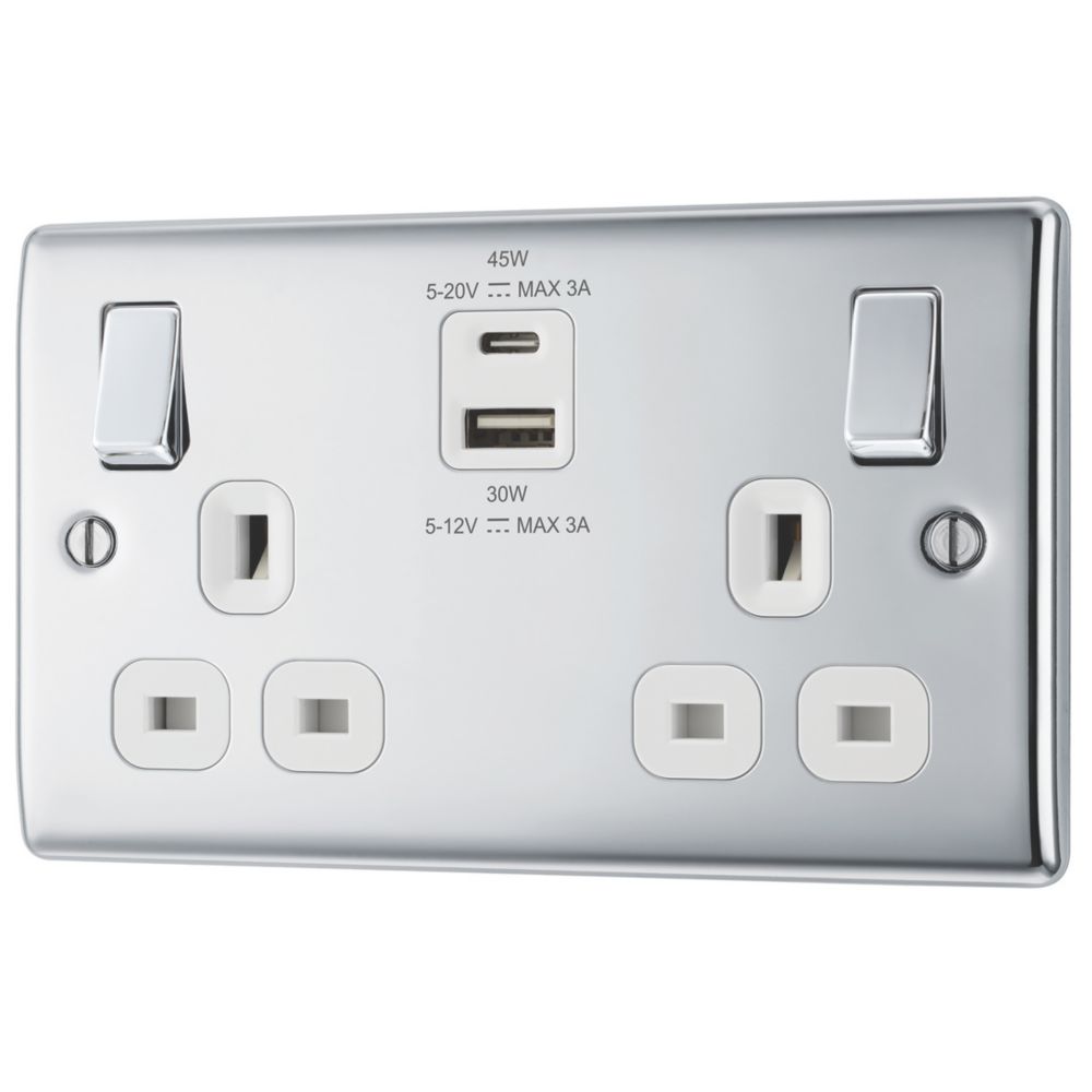 British General Nexus Metal 13A 2-Gang SP Switched Socket + 3A 45W 2-Outlet Type A & C USB Charger Polished Chrome with White Inserts