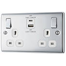 British General Nexus Metal 13A 2-Gang SP Switched Socket + 3A 45W 2-Outlet Type A & C USB Charger Polished Chrome with White Inserts