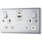 British General Nexus Metal 13A 2-Gang SP Switched Socket + 3A 45W 2-Outlet Type A & C USB Charger Polished Chrome with White Inserts