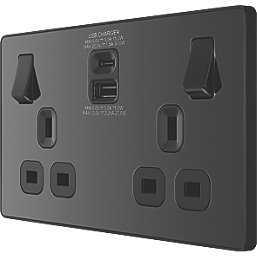 British General Evolve 13A 2-Gang SP Switched Socket + 3A 30W 2-Outlet Type A & C USB Charger Black Chrome with Black Inserts