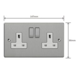 Varilight  13A 2-Gang 2-Pole Switched Socket Brushed Steel  with White Inserts