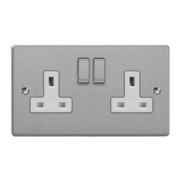 Varilight  13A 2-Gang 2-Pole Switched Socket Brushed Steel  with White Inserts