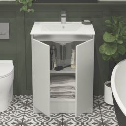 Newland  Double Door Floor Standing Vanity Unit with Basin Matt Pearl Grey 600mm x 450mm x 840mm