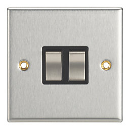 Contactum iConic 10AX 2-Gang 2-Way Light Switch  Brushed Steel with Black Inserts