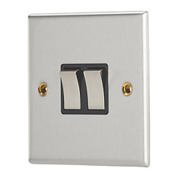 Contactum iConic 10AX 2-Gang 2-Way Light Switch  Brushed Steel with Black Inserts