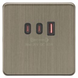 Knightsbridge Screwless 5A 63W 3-Outlet Type A & C USB Socket Antique Brass with Black Inserts
