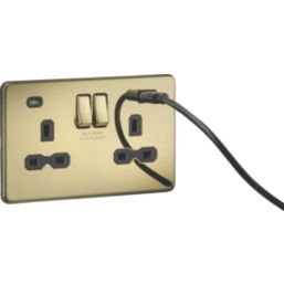 Knightsbridge  13A 2-Gang SP Switched Socket + 4.0A 20W 2-Outlet Type A & C USB Charger Polished Brass with Black Inserts
