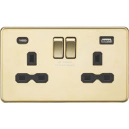 Knightsbridge  13A 2-Gang SP Switched Socket + 4.0A 20W 2-Outlet Type A & C USB Charger Polished Brass with Black Inserts