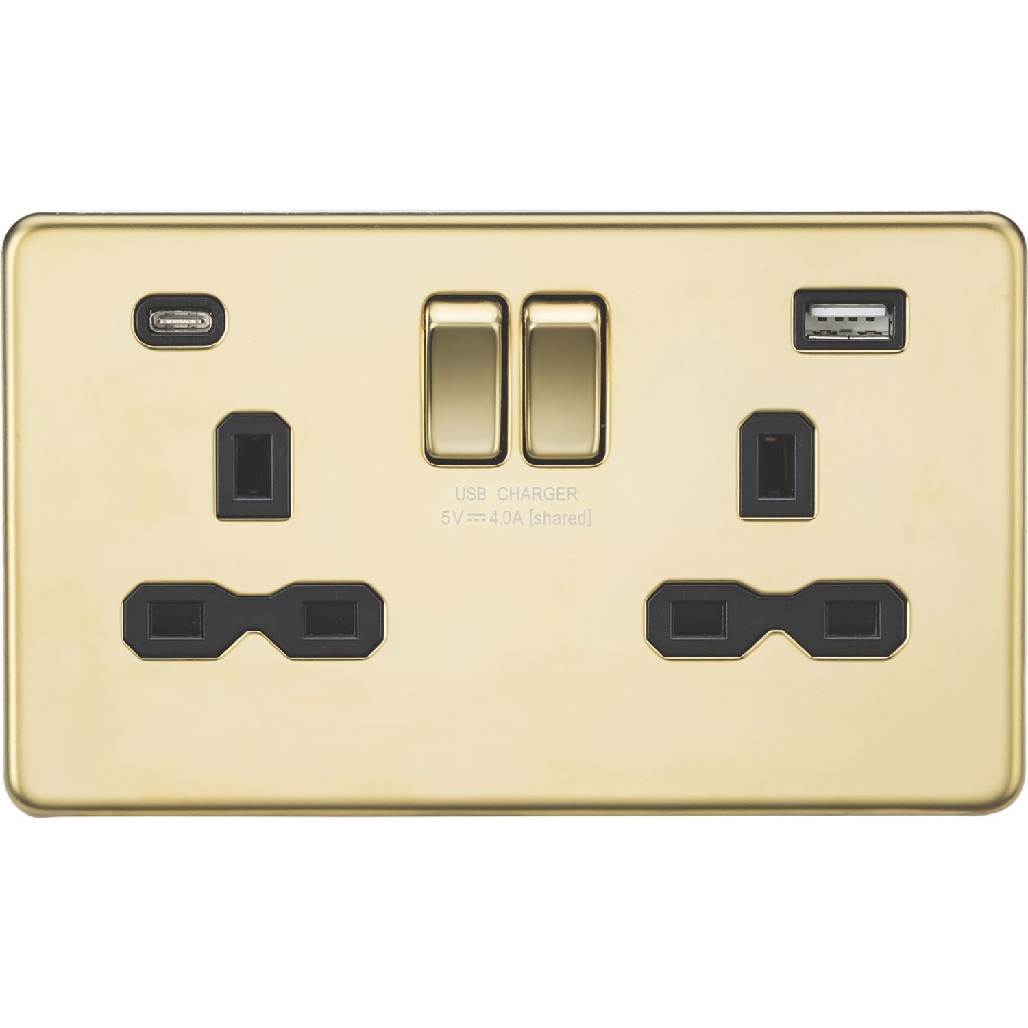 Knightsbridge 13A 2-Gang SP Switched Socket + 4.0A 20W 2-Outlet Type A & C USB Charger Polished Brass with Black Inserts (813PY)