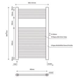 Flomasta 800mm x 500mm 1239BTU Black Flat  Towel Radiator