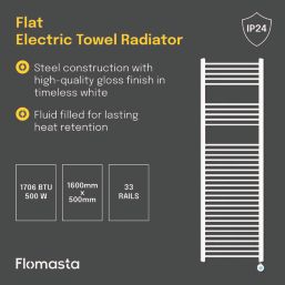 Flomasta 1600mm x 500mm 1706BTU White Flat Electric Towel Radiator