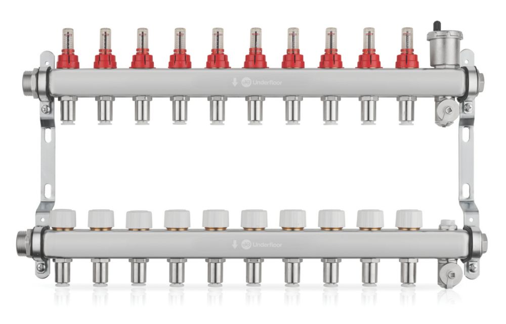 JG Underfloor 10 Port LowFit Underfloor Heating Manifold Brushed Steel -  Screwfix