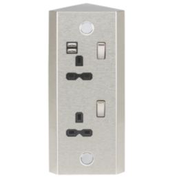 Knightsbridge  13A 2-Gang SP Switched Socket + 2.4A 12W 2-Outlet Type A USB Charger Stainless Steel with Black Inserts