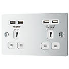 LAP  13A 2-Gang Unswitched Socket + 4.2A 4-Outlet Type A USB Charger Polished Chrome with White Inserts
