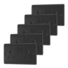 British General Nexus Metal 13A 2-Gang DP Switched Plug Sockets Matt Black  with Black Inserts 5 Pack