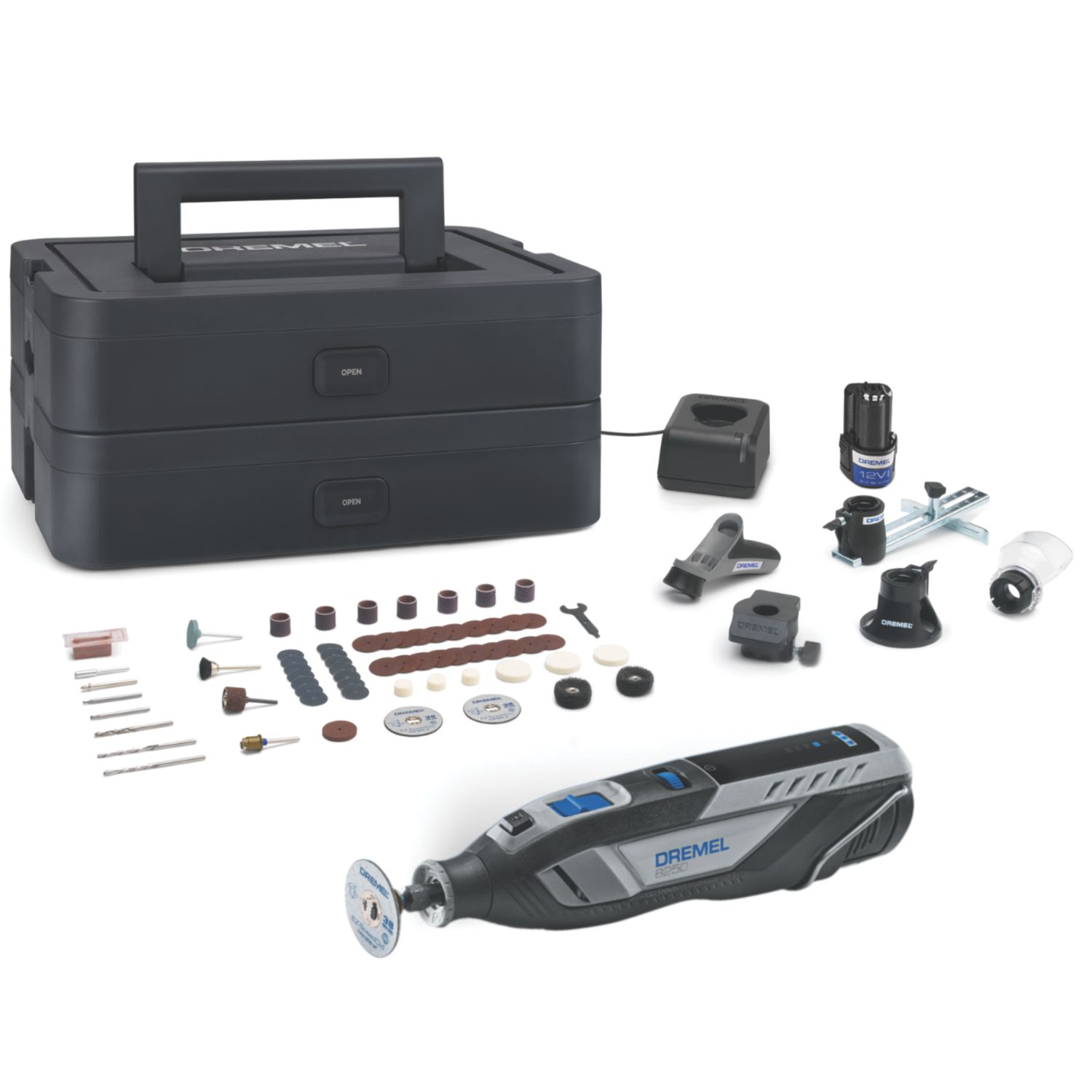 Dremel 8250-5/65 12V 2 x 2.0Ah Li-Ion Brushless Cordless Multi-Tool with Accessories 71 Piece Set (817CU)