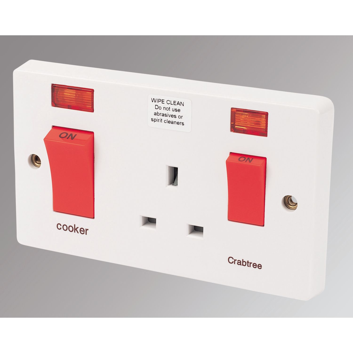 Crabtree Capital 45A 2-Gang DP Cooker Switch & 13A DP Switched Socket White with Neon (81895)