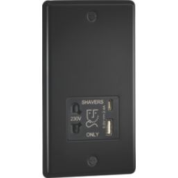 Knightsbridge  2-Gang Single Voltage Shaver Socket+ 2.4A 12W 2-Outlet Type A & C USB Charger 230V Matt Black with Black Inserts