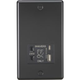 Knightsbridge  2-Gang Single Voltage Shaver Socket+ 2.4A 12W 2-Outlet Type A & C USB Charger 230V Matt Black with Black Inserts