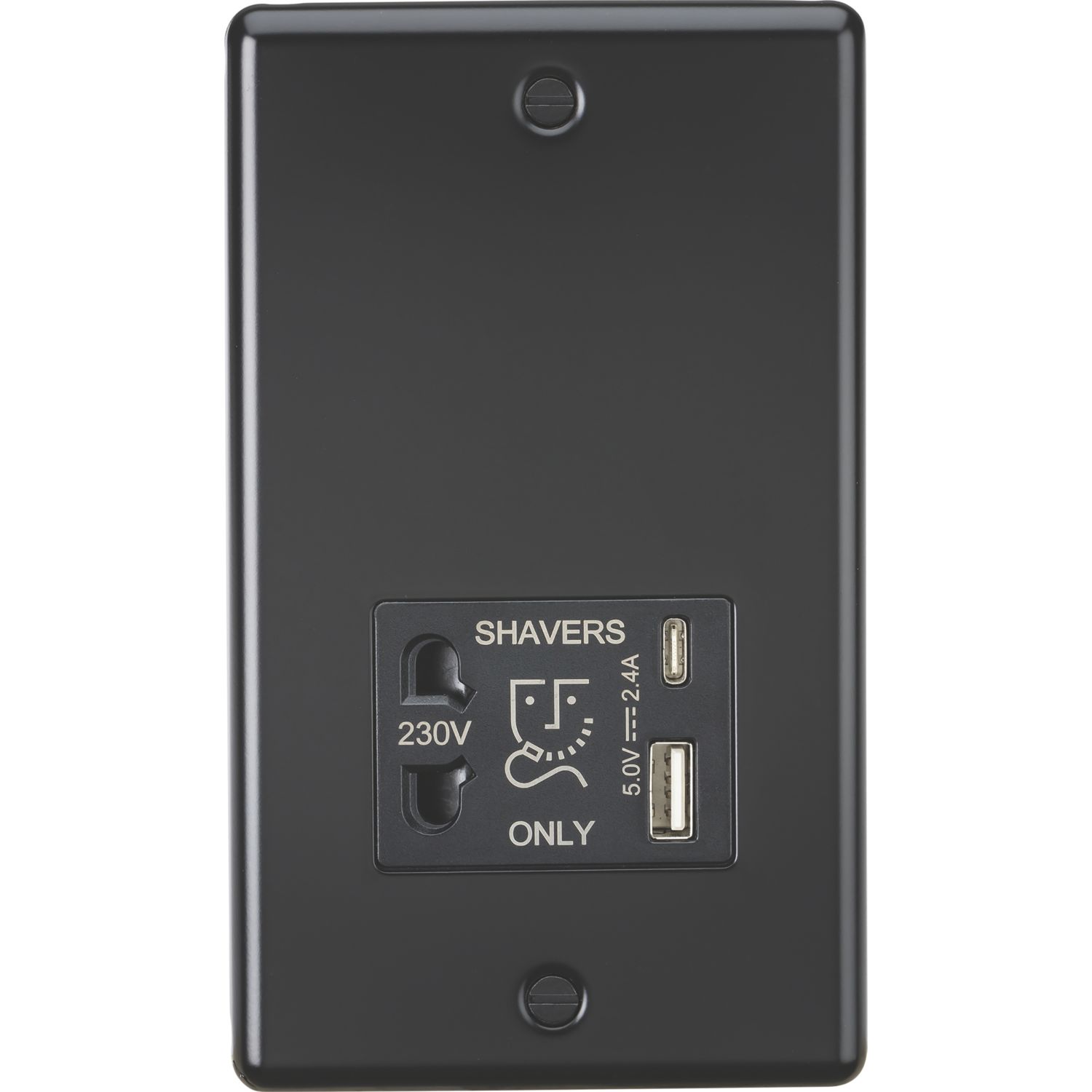 Knightsbridge 2-Gang Single Voltage Shaver Socket+ 2.4A 12W 2-Outlet Type A & C USB Charger 230V Matt Black with Black Inserts (818PY)