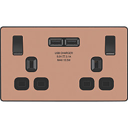 British General Evolve 13A 2-Gang SP Switched Socket + 3.1A 2-Outlet Type A USB Charger Copper with Black Inserts
