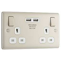 British General Nexus Metal 13A 2-Gang SP Switched Socket + 3.1A 15.5W 2-Outlet Type A USB Charger Pearl Nickel with White Inserts