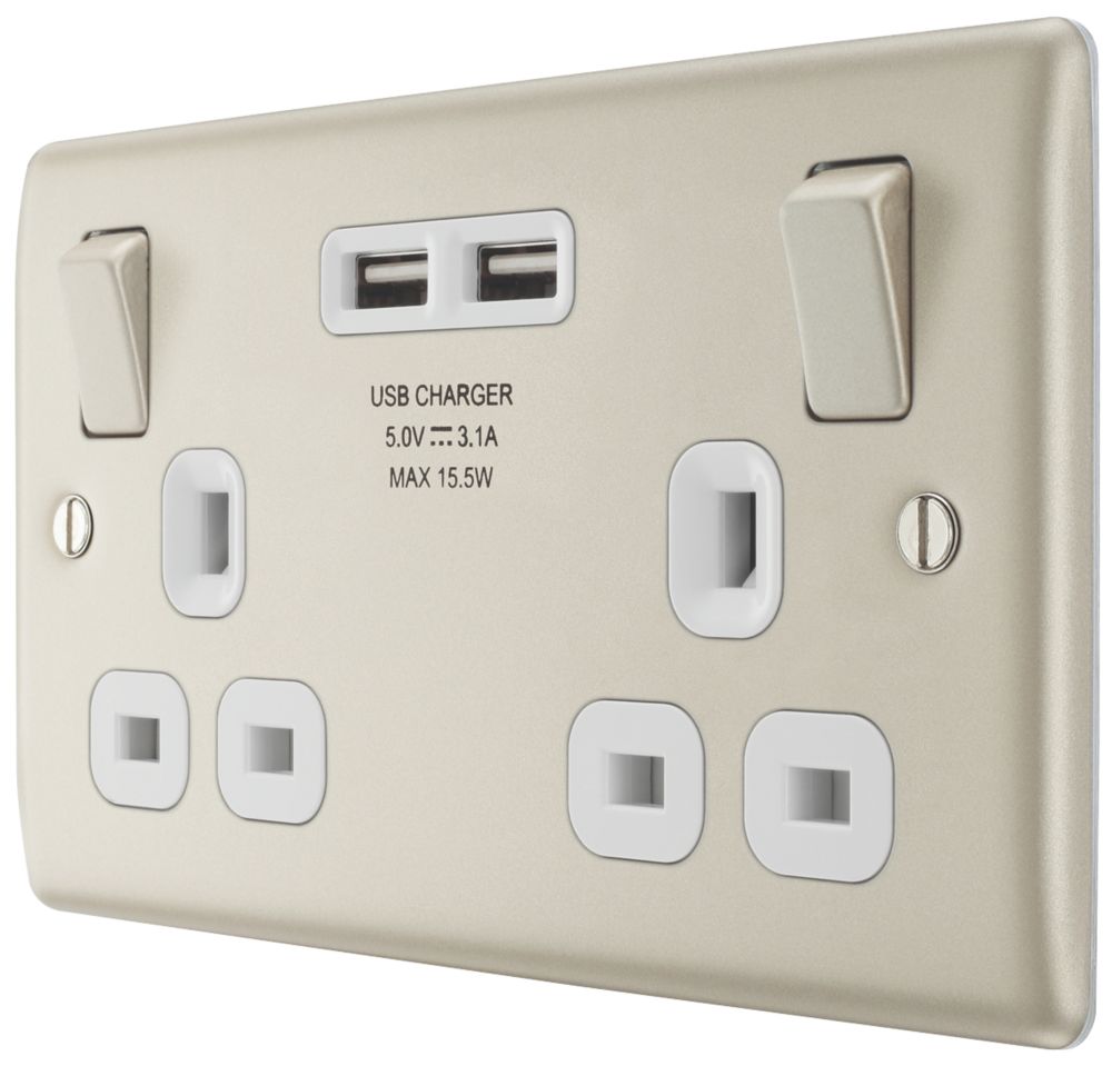 British General Nexus Metal 13A 2-Gang SP Switched Socket + 3.1A 15.5W 2-Outlet Type A USB Charger Pearl Nickel with White Inserts