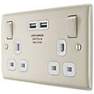 British General Nexus Metal 13A 2-Gang SP Switched Socket + 3.1A 2-Outlet Type A USB Charger Pearl Nickel with White Inserts