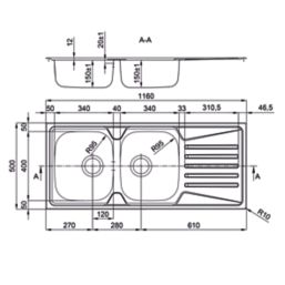 Clearwater Trion 2 Bowl Stainless Steel Kitchen Sink  1160mm x 500mm