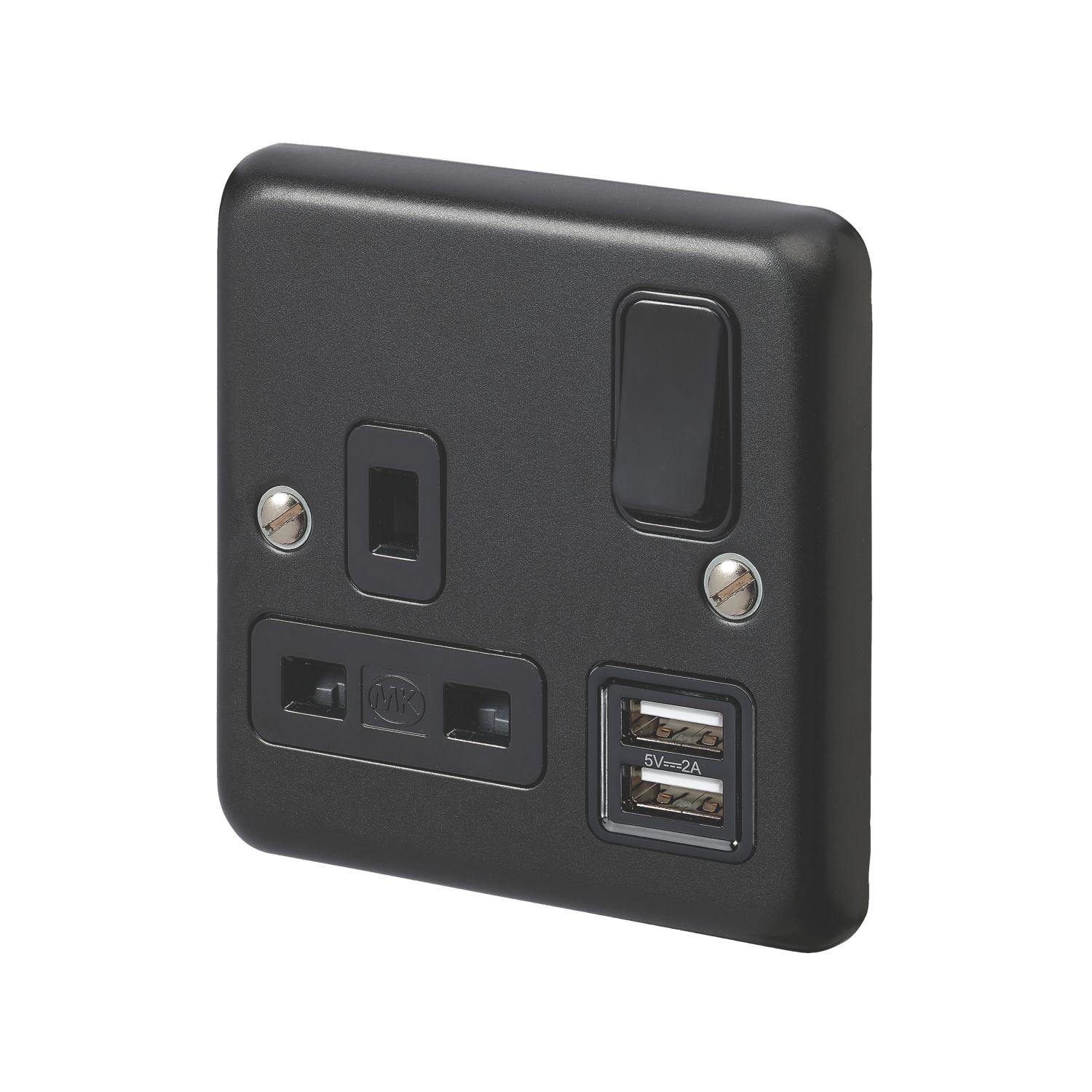 MK Contoura 13A 1-Gang DP Switched Socket + 2A 10.5W 2-Outlet Type A USB Charger Black with Colour-Matched Inserts (820RG)