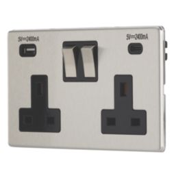 Contactum Lyric 13A 2-Gang DP Switched Socket + 4.8A 24W 2-Outlet Type A & C USB Charger Brushed Stainless Steel with Black Inserts