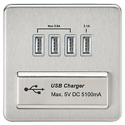 Knightsbridge  5.1A 4-Outlet Type A USB Socket Brushed Chrome with Colour-Matched Inserts