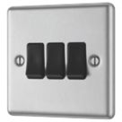 LAP  10AX 3-Gang 2-Way Light Switch  Brushed Stainless Steel with Black Inserts
