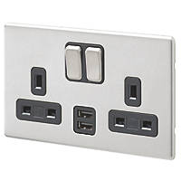 MK Aspect 13A 2-Gang DP Switched Socket + 2A 2-Outlet Type A USB Charger Brushed Stainless Steel with Black Inserts
