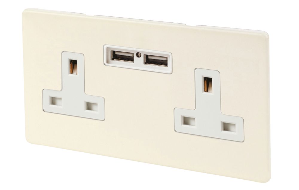 Varilight  13AX 2-Gang Unswitched Socket + 2.1A 10.5W 2-Outlet Type A USB Charger White Chocolate with White Inserts