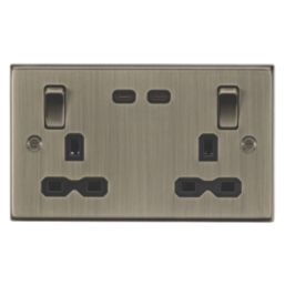 Knightsbridge  13A 2-Gang DP Switched Socket + 3.25A 65W 2-Outlet Type C USB Charger Antique Brass with Black Inserts