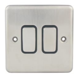 Hager Sollysta WRPS22BSB 10AX 2-Gang 2-Way Light Switch  Brushed Steel with Black Inserts