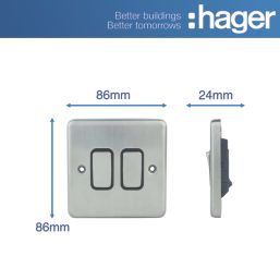 Hager Sollysta WRPS22BSB 10AX 2-Gang 2-Way Light Switch  Brushed Steel with Black Inserts