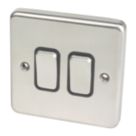 Hager Sollysta WRPS22BSB 10AX 2-Gang 2-Way Light Switch  Brushed Steel with Black Inserts
