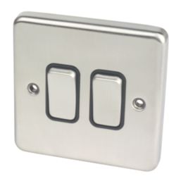 Hager Sollysta WRPS22BSB 10AX 2-Gang 2-Way Light Switch  Brushed Steel with Black Inserts