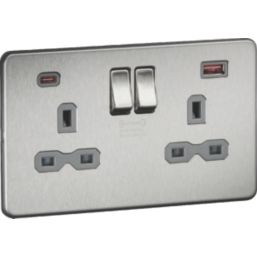 Knightsbridge  13A 2-Gang DP Switched Socket + 2.25A 45W 2-Outlet Type A & C USB Charger Brushed Chrome with Grey Inserts