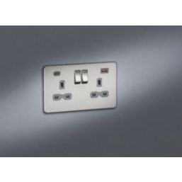 Knightsbridge  13A 2-Gang DP Switched Socket + 2.25A 45W 2-Outlet Type A & C USB Charger Brushed Chrome with Grey Inserts