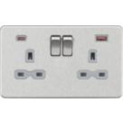 Knightsbridge  13A 2-Gang DP Switched Socket + 2.25A 45W 2-Outlet Type A & C USB Charger Brushed Chrome with Grey Inserts