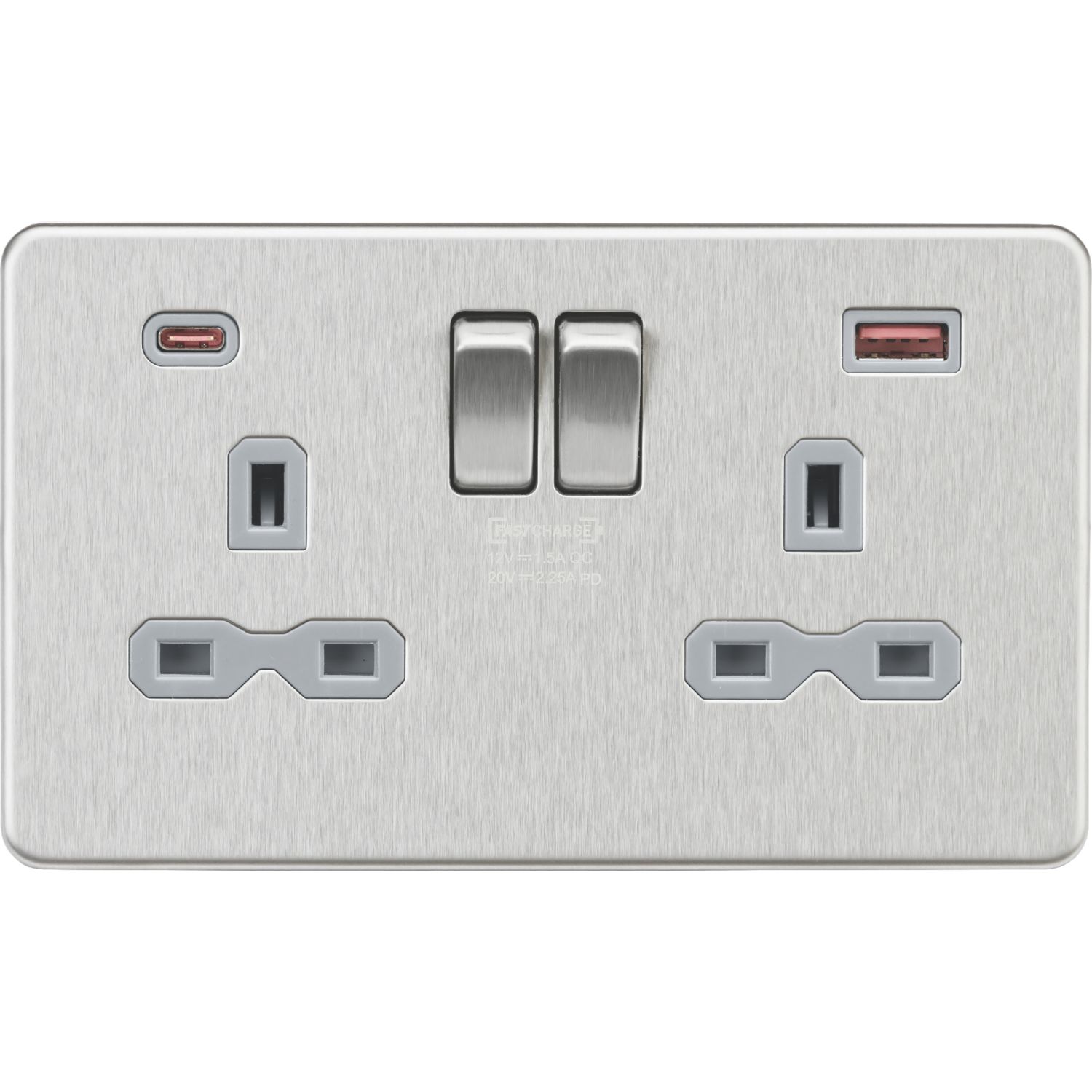 Knightsbridge 13A 2-Gang DP Switched Socket + 2.25A 45W 2-Outlet Type A & C USB Charger Brushed Chrome with Grey Inserts (828PX)