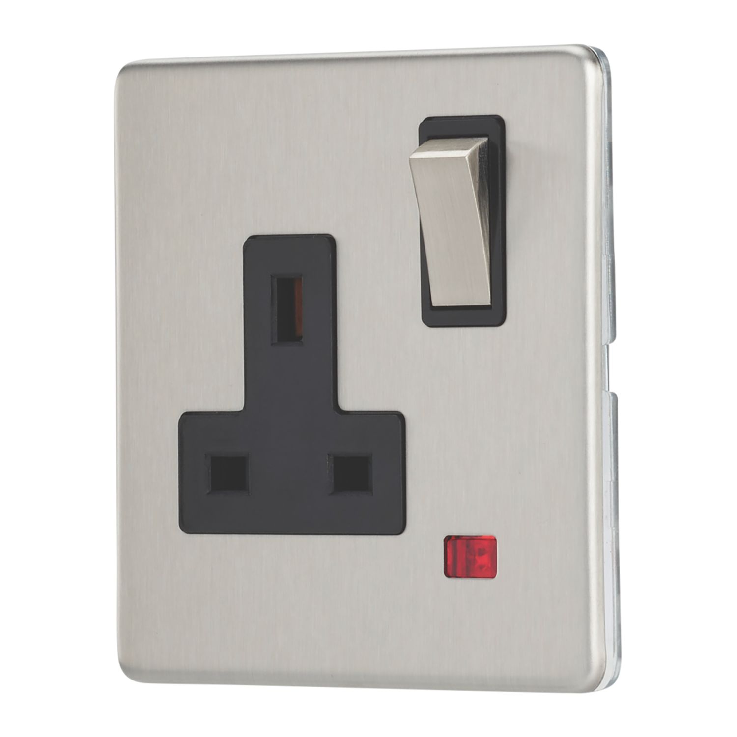 Contactum Lyric 13A 1-Gang DP Switched Socket Outlet Brushed Steel with Neon with Black Inserts (830RP)