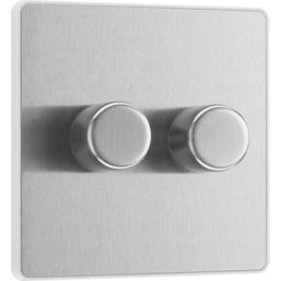 British General Evolve 2-Gang 2-Way LED Trailing Edge Double Push Dimmer with Rotary Control  Brushed Steel with White Inserts