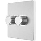 British General Evolve 2-Gang 2-Way LED Trailing Edge Double Push Dimmer with Rotary Control  Brushed Steel with White Inserts