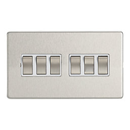 Contactum Lyric 10AX 6-Gang 2-Way Light Switch  Brushed Steel with White Inserts
