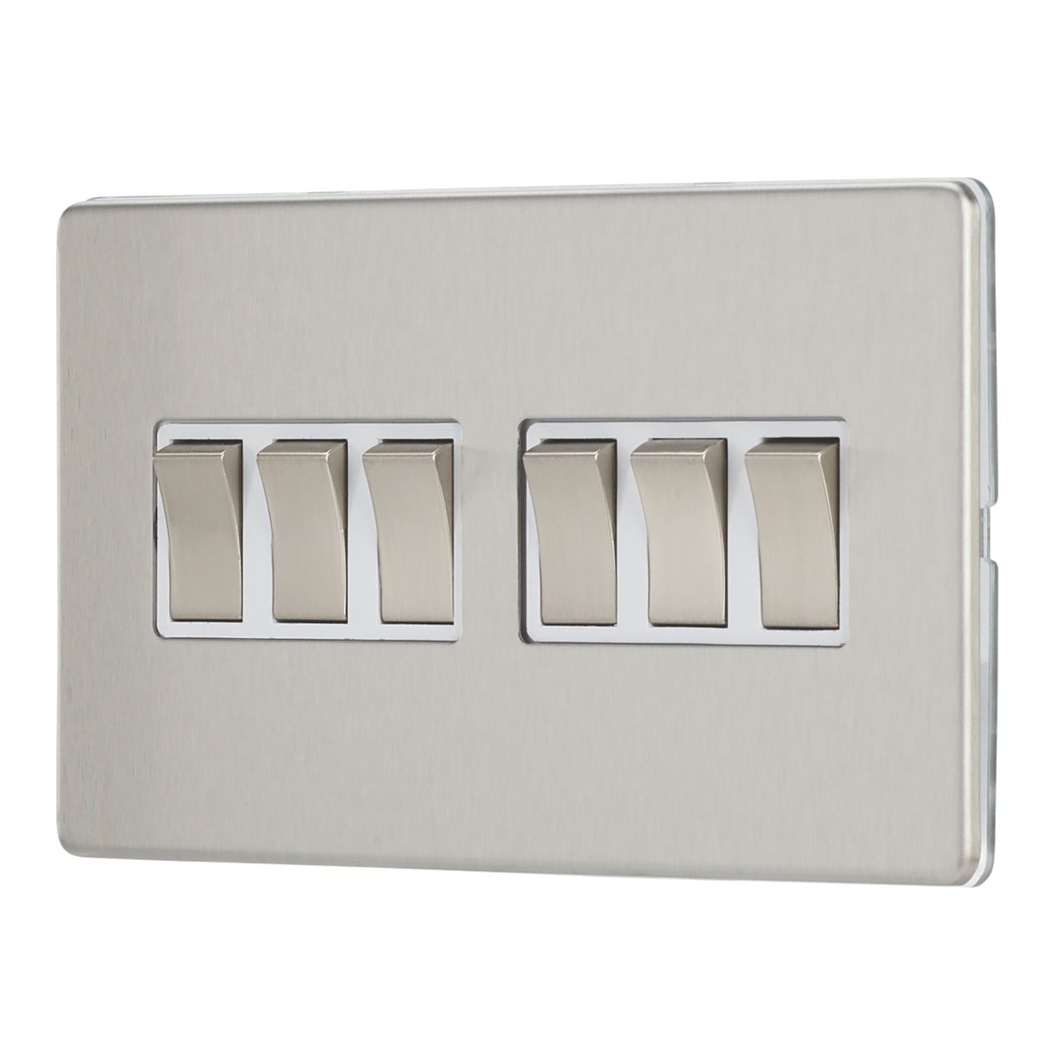 Contactum Lyric 10AX 6-Gang 2-Way Light Switch Brushed Steel with White Inserts (831RP)