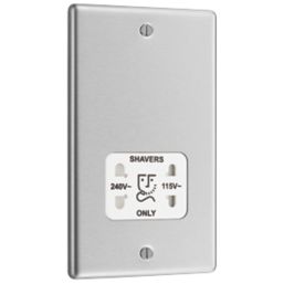 LAP  2-Gang Dual Voltage Shaver Socket 115 / 230V Brushed Stainless Steel with White Inserts